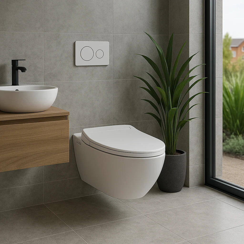 Contemporary wall-hung toilet installation demonstrating space-saving benefits in an urban bathroom setting