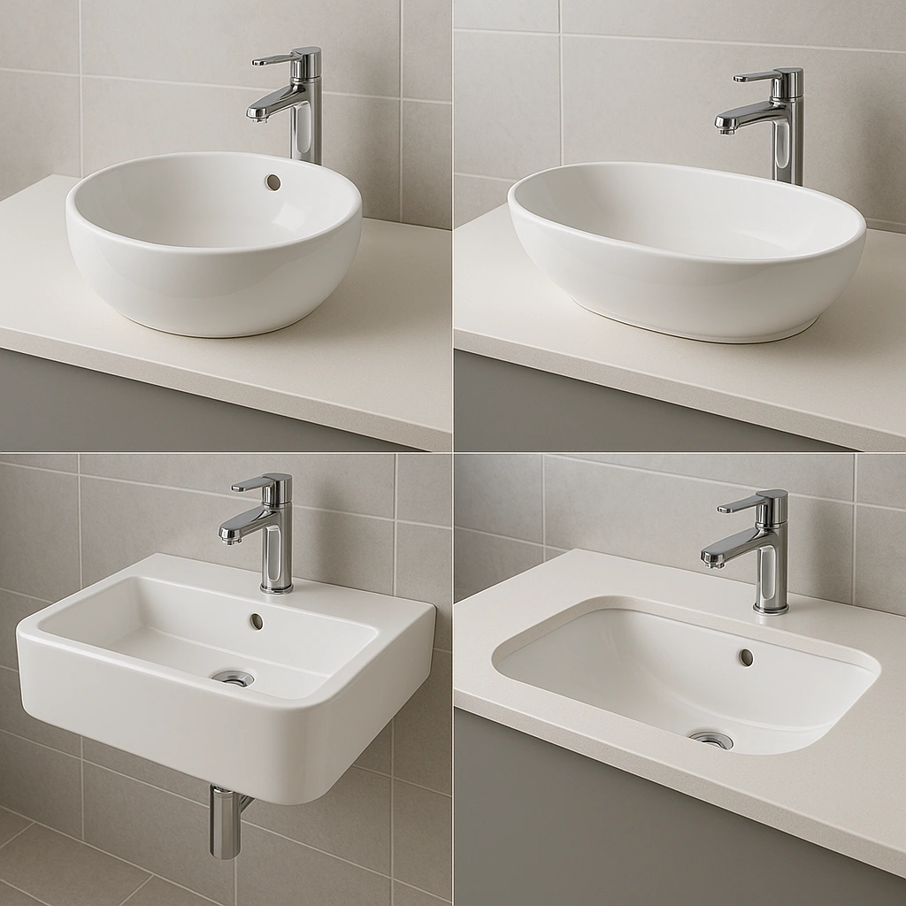 Various ceramic basin types showcasing different shapes and installation options