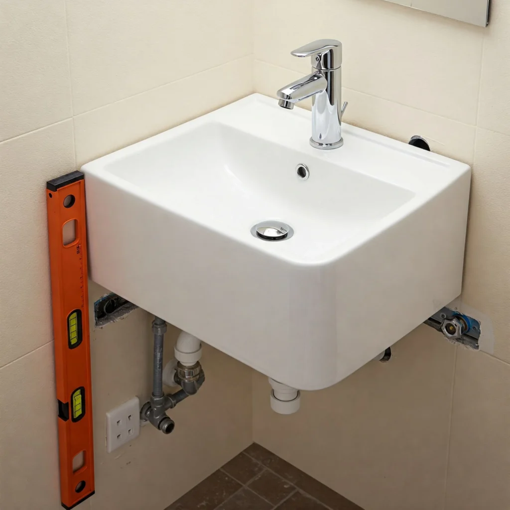 Step-by-step ceramic basin installation guide with proper measurements
