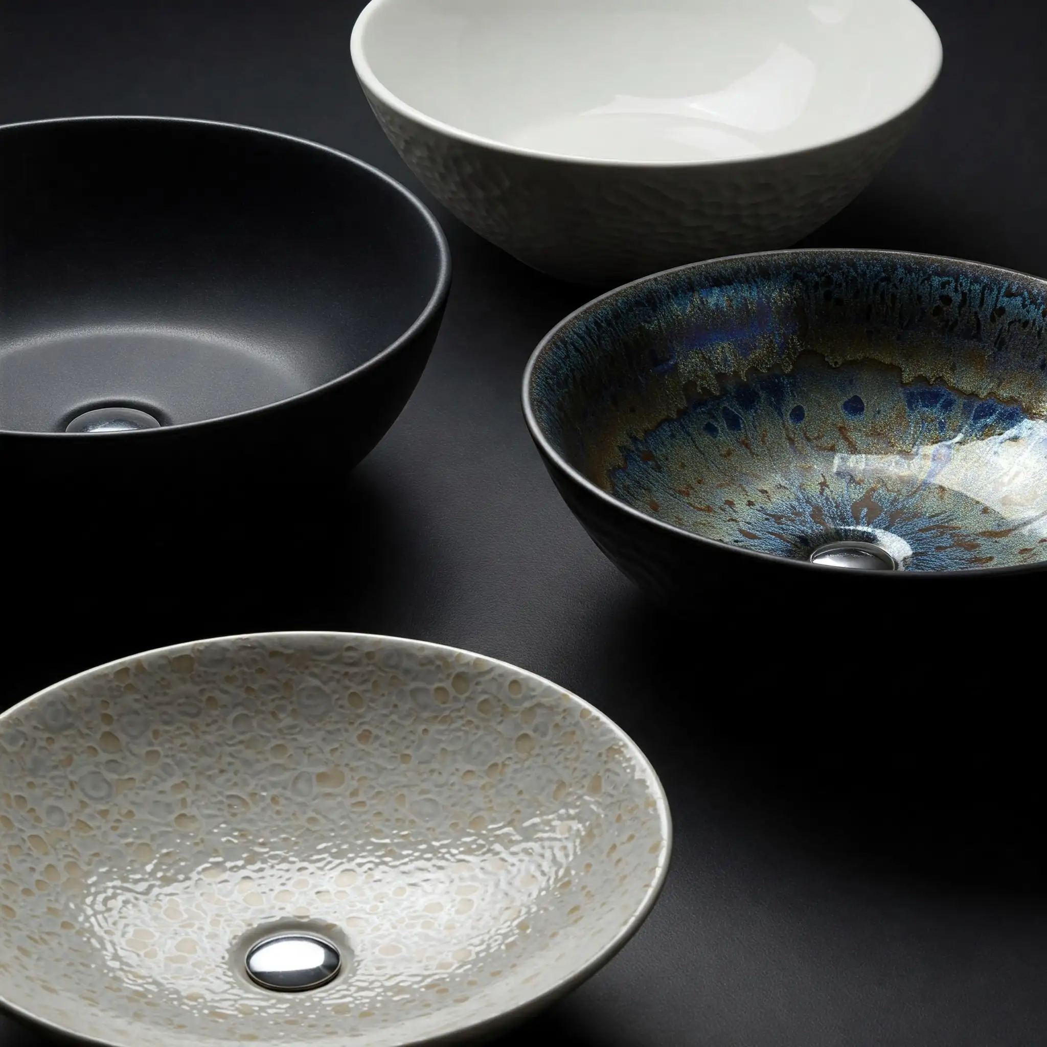 Luxury ceramic basin finishes displaying different texture and glaze options