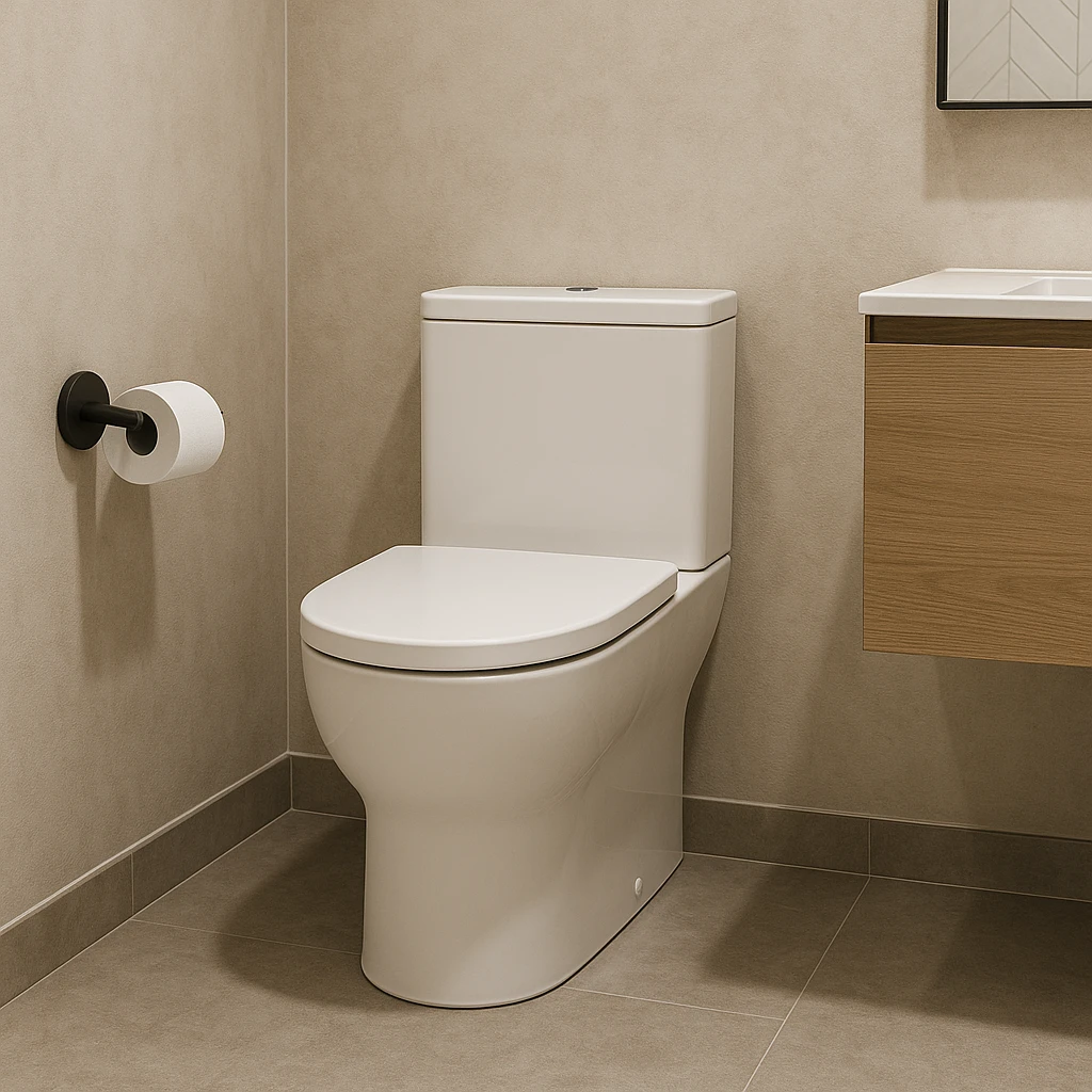 Compact ceramic toilet in a small, well-designed bathroom