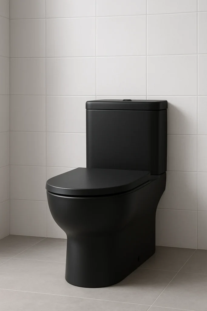 Modern bathroom featuring a matte black ceramic toilet against white tiles