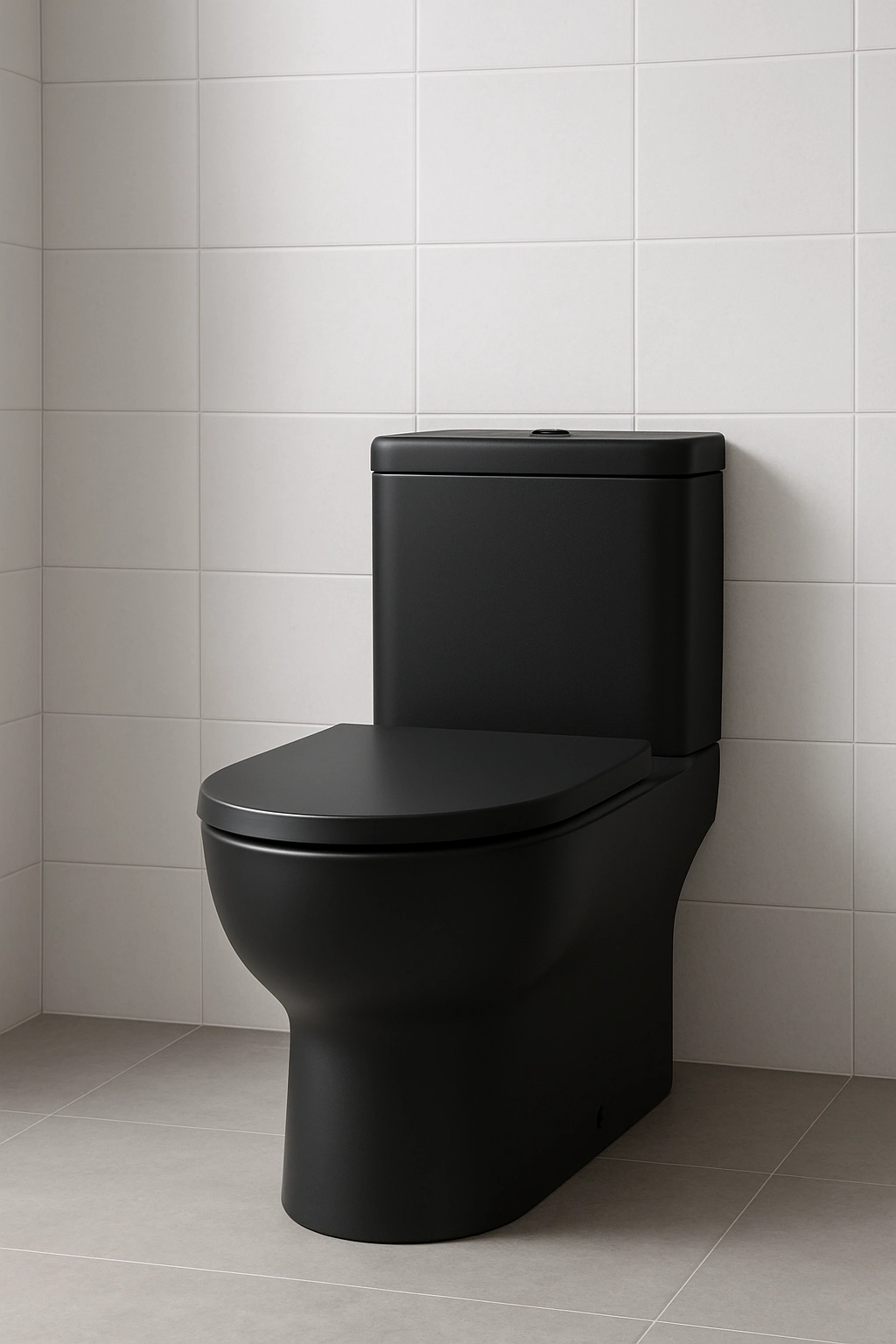 Modern bathroom featuring a matte black ceramic toilet against white tiles