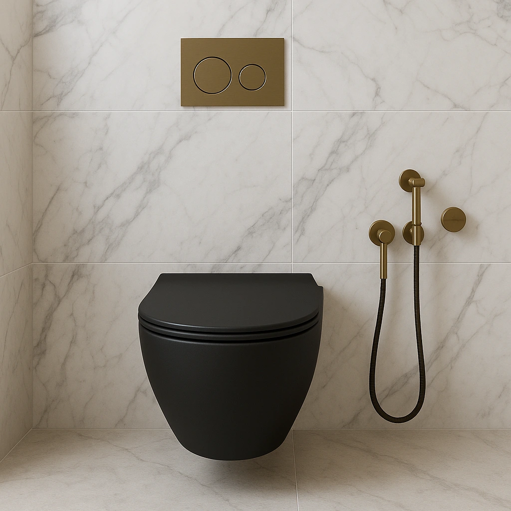Luxurious bathroom design showcasing matte black toilet and contrasting textures