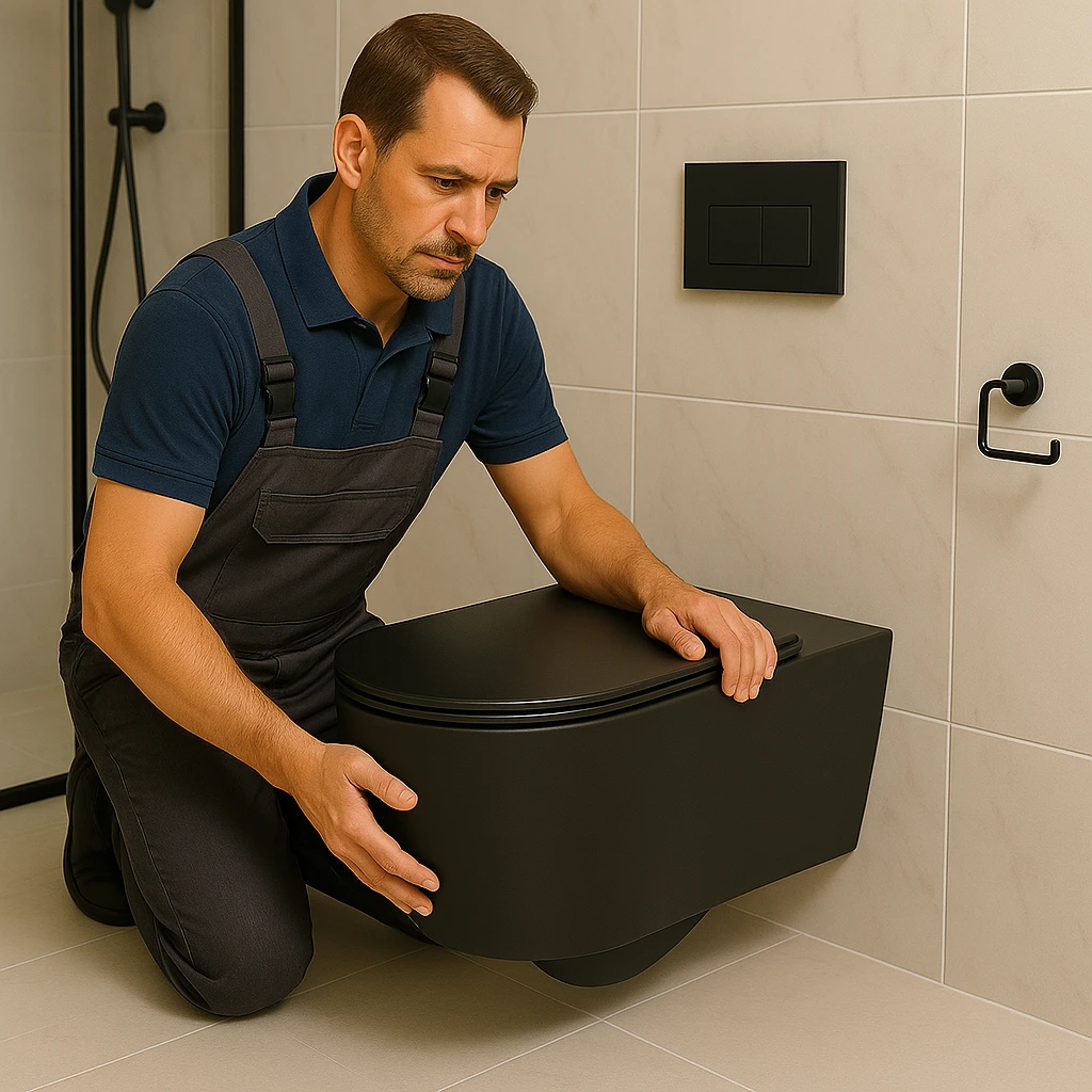 Expert installation of a matte black toilet ensuring finish integrity
