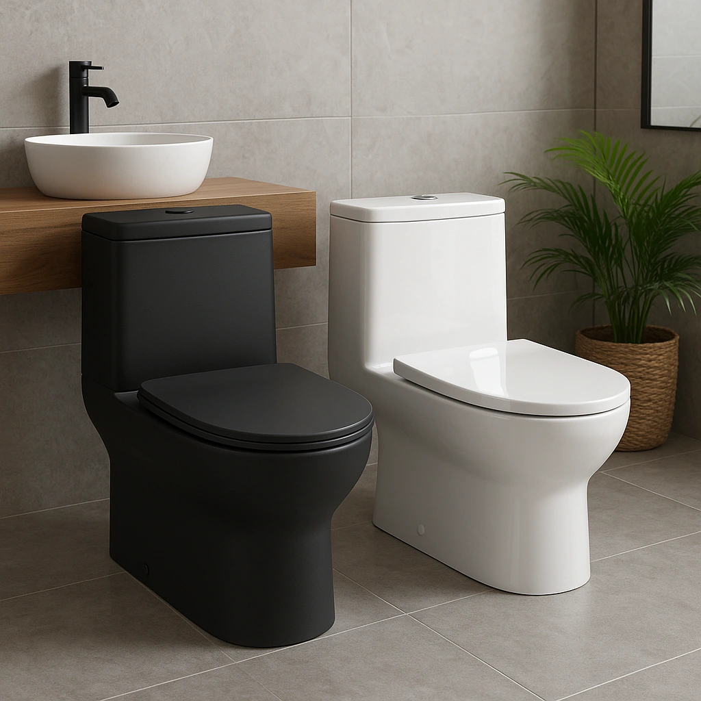 Matte black toilet next to a glossy white toilet, showcasing finish differences in bathroom design