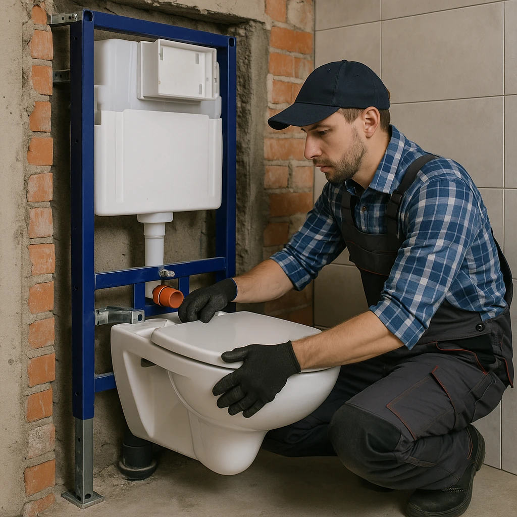 Professional installation of a wall hung toilet with visible carrier system