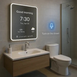 High-efficiency ceramic fixtures in a contemporary commercial bathroom setting