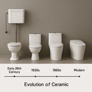 Historical progression of ceramic toilet designs illustrating technological advancements