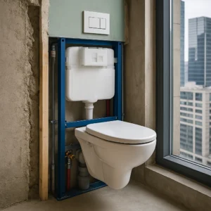 Cross-section diagram of wall-mounted toilet plumbing in a high-rise structure