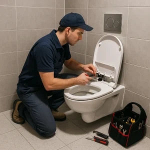 Professional conducting proactive maintenance on a commercial toilet