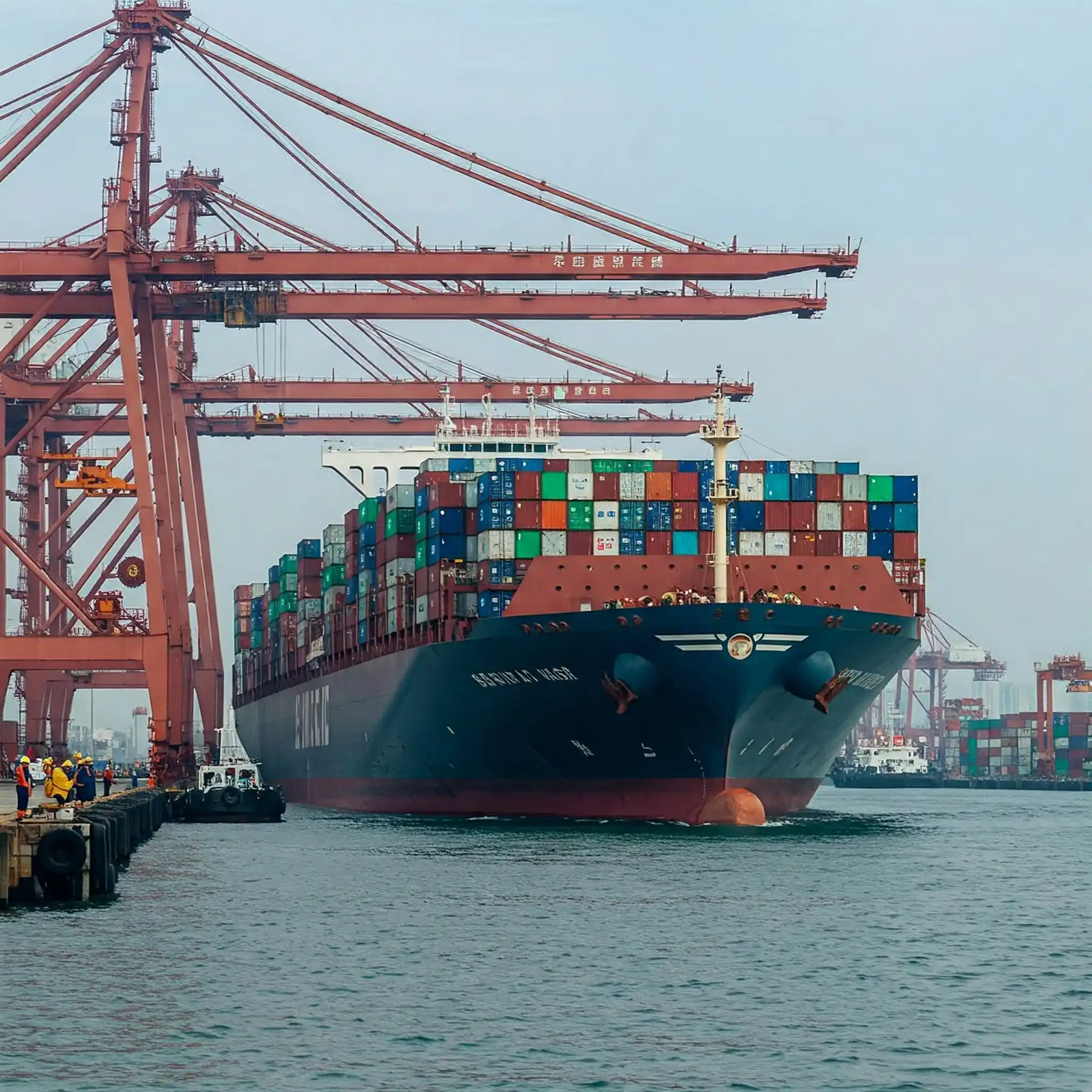 Large container vessel carrying sanitary ware exports leaving a bustling Chinese harbor