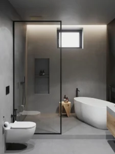 Modern ceramic wall-hung toilet in a contemporary bathroom setting