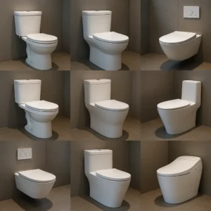 Diverse range of toilet types including one-piece, two-piece, wall-hung, and smart toilets