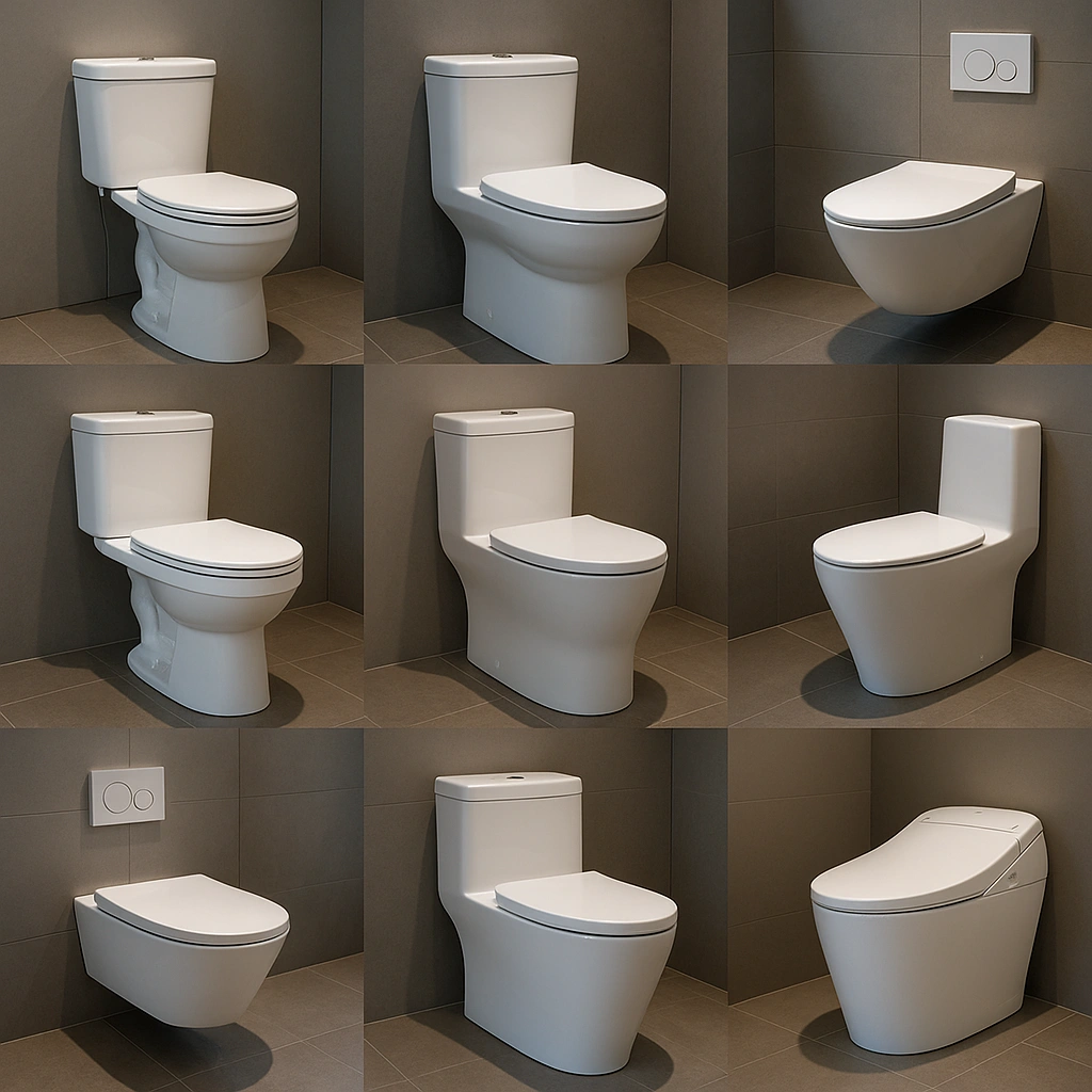 Diverse range of toilet types including one-piece, two-piece, wall-hung, and smart toilets