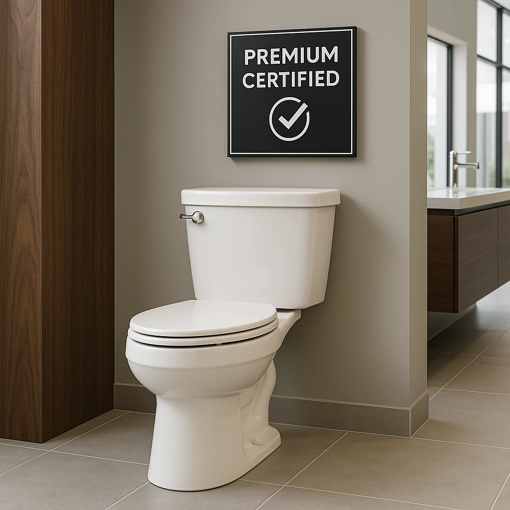 High-end certified toilet showcasing certification marks and eco-friendly features