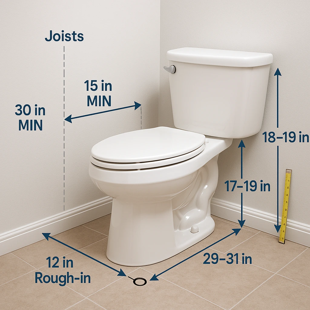 Visual guide demonstrating essential toilet measurement points and installation considerations