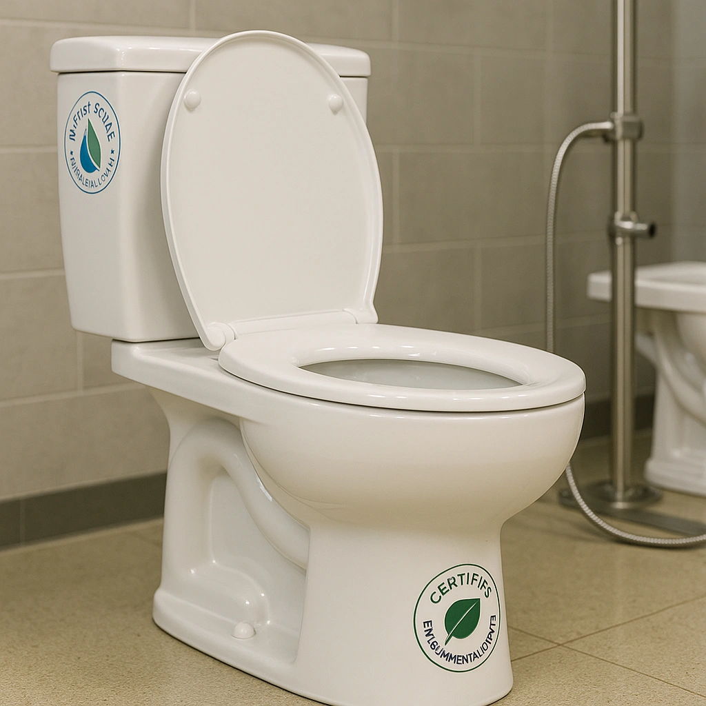 Eco-friendly certified toilet showcasing water conservation features