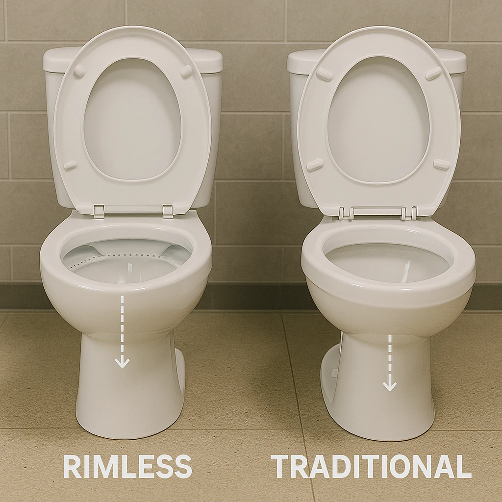 Visual comparison of rimless vs traditional toilet technology